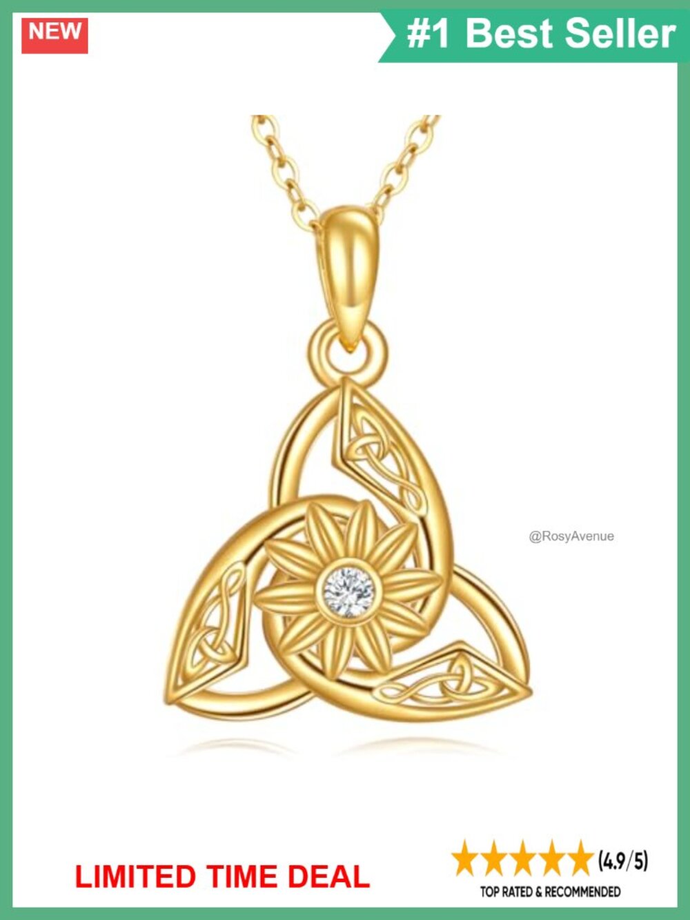 14K Real Gold Celtic Knot Necklace Moissanite Pendant